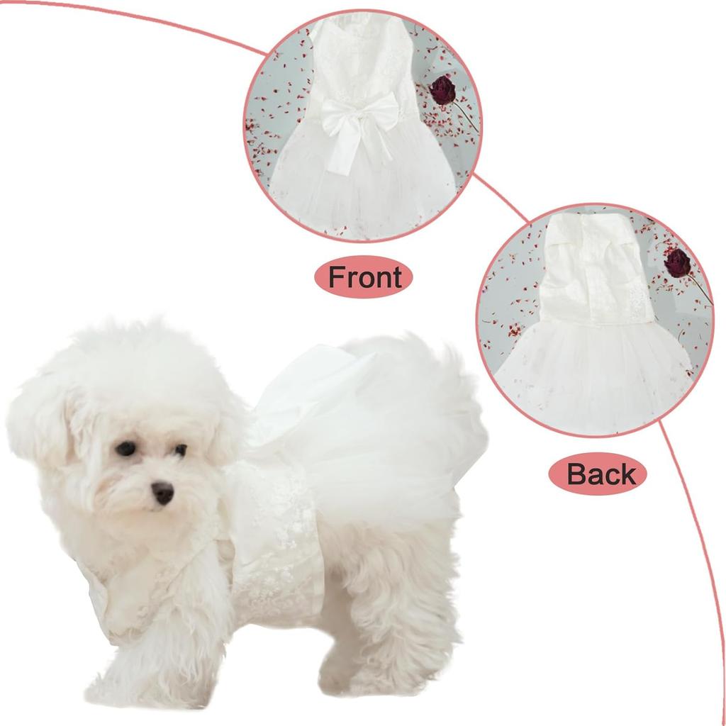 Dog Dress,Pet Wedding Dress Princess Formal Tutu Skirt with Bowknot,Puppy Birthday Party Outfit Apparel Girl for Small Dogs Cats (White Lace,