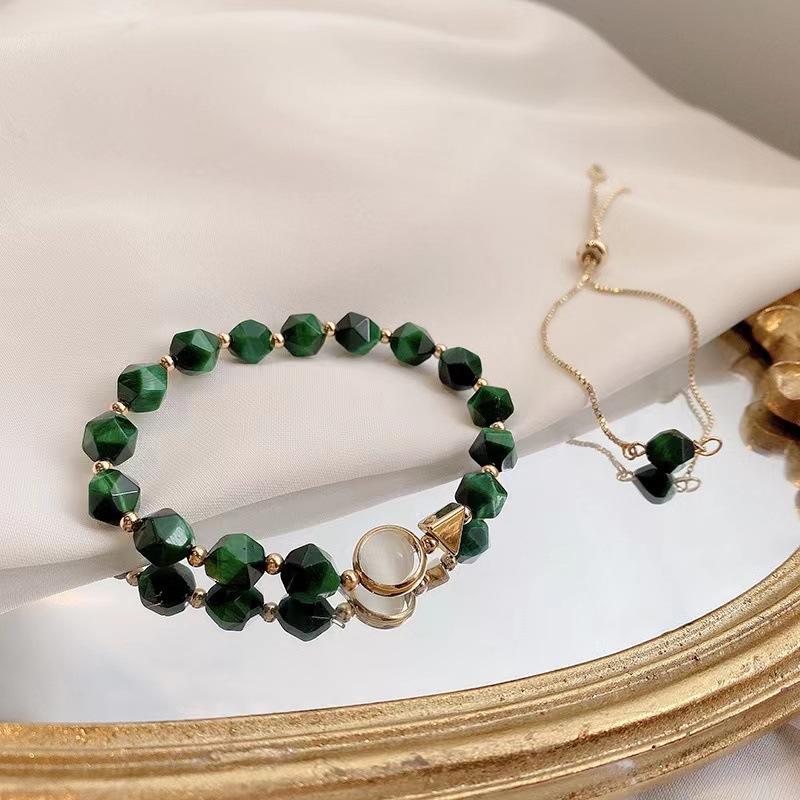 Adjustable Green Tiger Eye & Opal Beaded Bracelet for Women Gold Plated Stackable Layered Bracelet зелёный