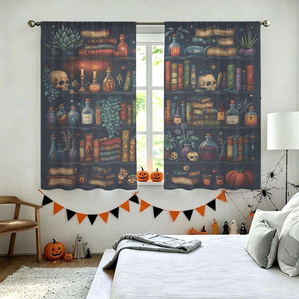 2Pcs Gothic Retro Magic Bookcase Print Rod Pocket Curtains, Privacy Window Curtain for Living Room Bedroom, Door Curtain, Fas