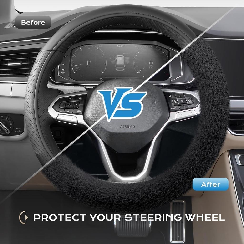 Coverado Winter Fluffy Steering Wheel Cover, Upgraded Anti-Slip Fuzzy Furry Car Steering Wheel Cover, Universal 14-15 inch, Soft Plush, Warm, No