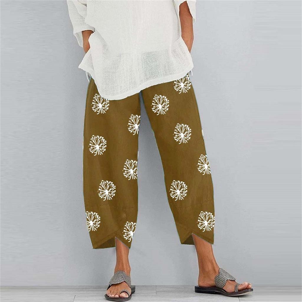 Women’s Loose Fit Elastic Waist Pants Dandelion Print Casual Cropped Trousers with Side Pockets for Comfortable Everyday Wear