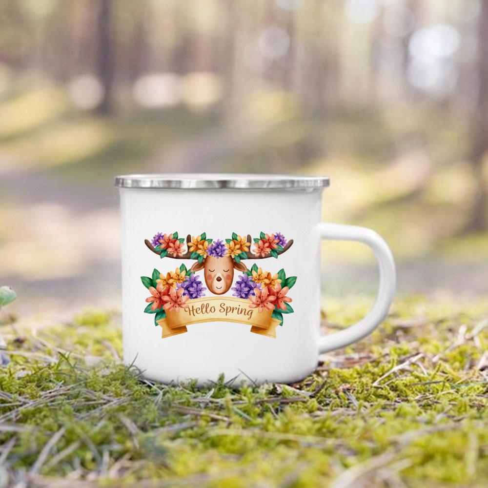 Hello Spring Enamel Camping Mug Appreciation Best Original and Fun Gifts Drink Juice Water Dessert Cocoa Milk Handle Cup