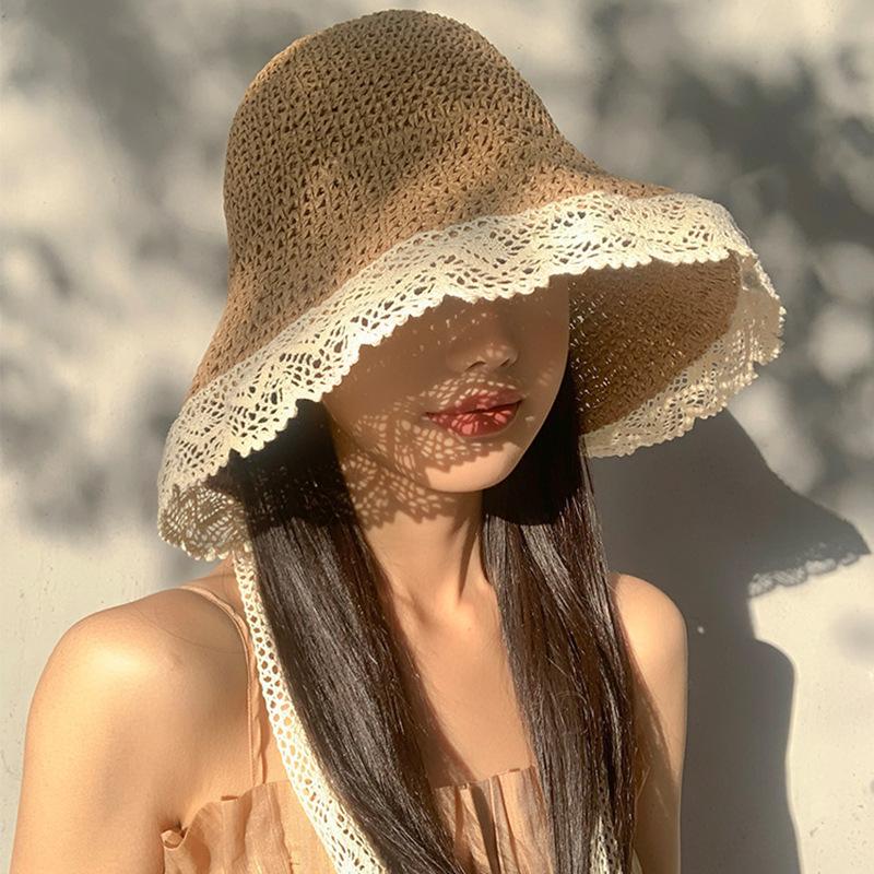 Women's Summer Crochet Straw Hat Wide Brim Ribbon Lace Edge Sun Hat Outdoor Seaside Foldable Sunshade Hat