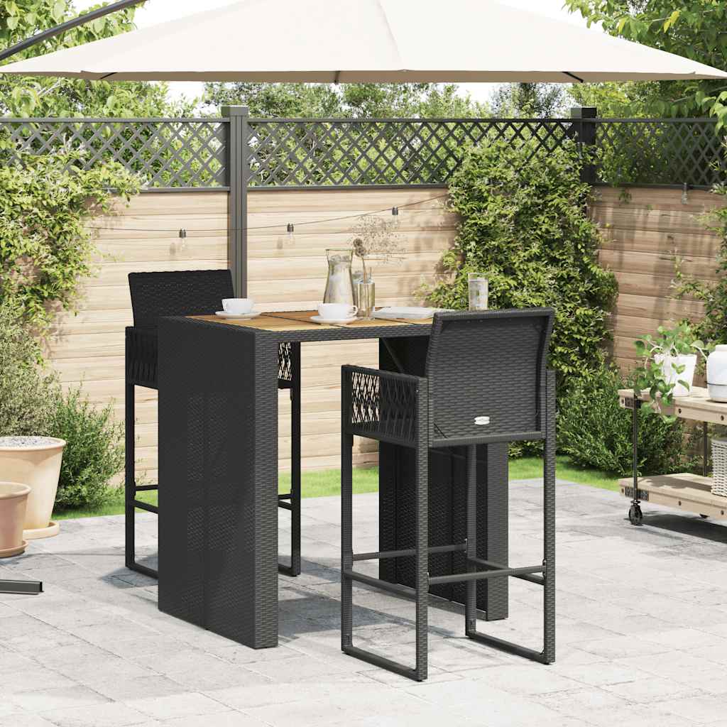3 Piece Garden Bar Set without Cushions Black PE Rattan Acacia