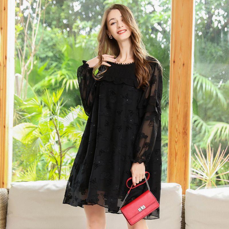 

Stylish Plus Size Ladies Slim Looking Belly Covering Fashionable Embroidered A- line Dress Black XL