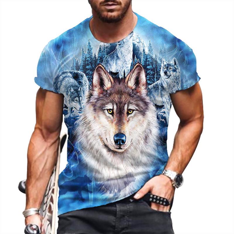 T-Shirt mit 3D-Buchstabendruck für Herren, Tier-T-Shirts, Wolf, große Größe, kurzärmelig, lässiges Oberteil für Herren