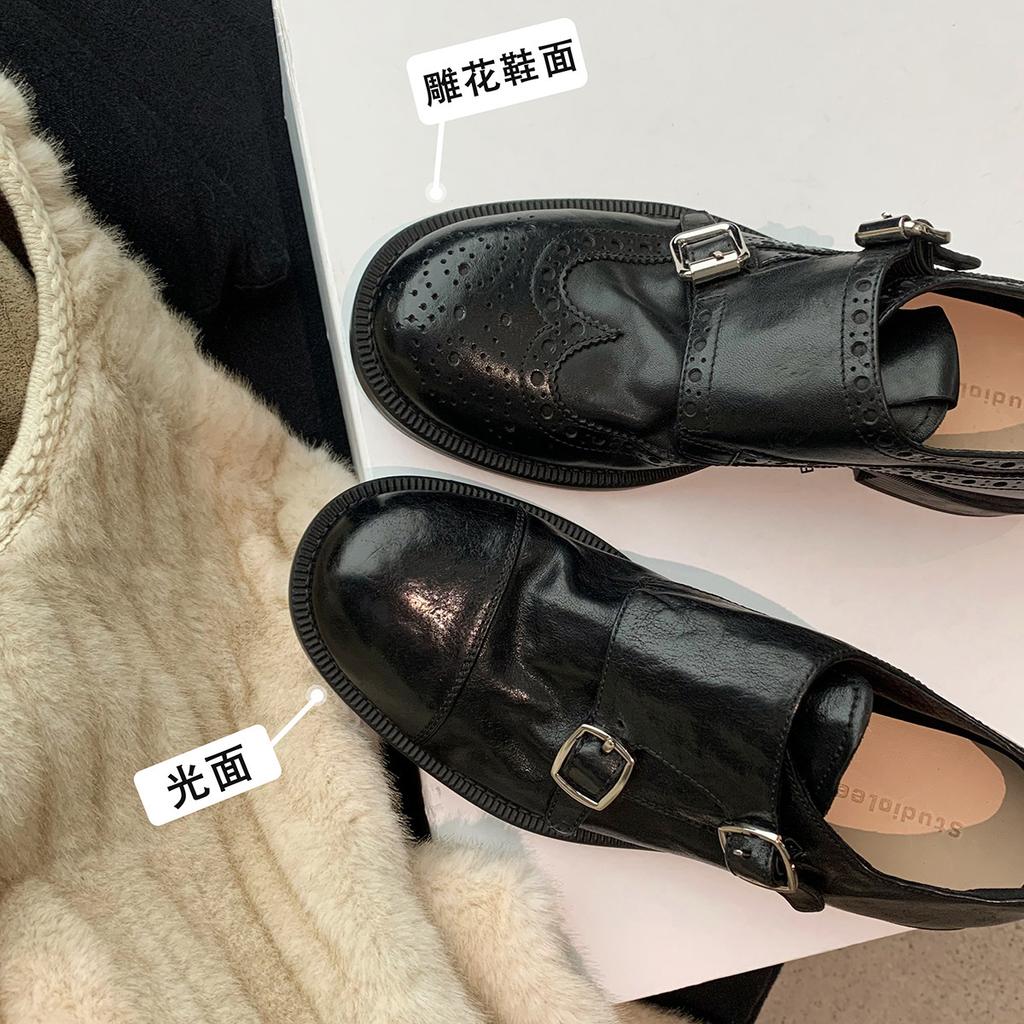 Grape mother the same style, Hatton College~ Shrinkage horse leather double buckle round head thick heel versatile British style leather shoes women