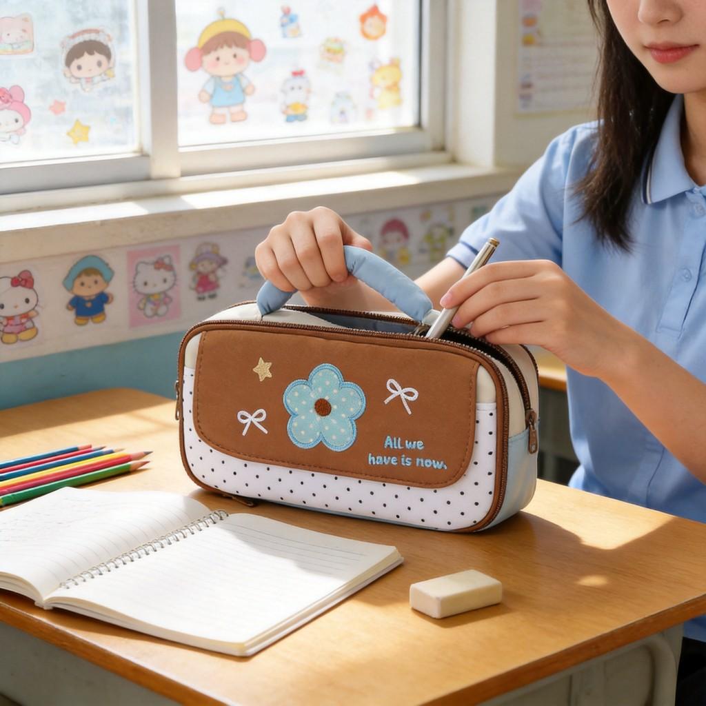Floral Pattern Pencil Case With Large Capacity For Students And Travel Use