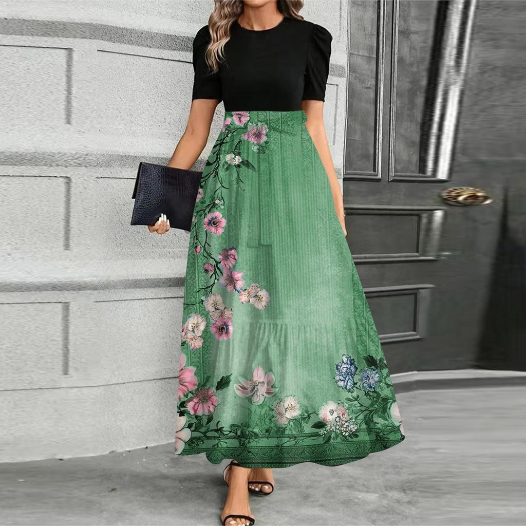 Women's Fashionable Casual Belt Short Sleeved Round Neck Print Elegant Temperament Dress