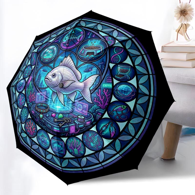 Futuristic Fish Mandala Pattern Umbrella, Portable and Foldable Design, 8 Ribs, a Casual Accessory for Halloween, Christmas, and Birthday Gifts.
