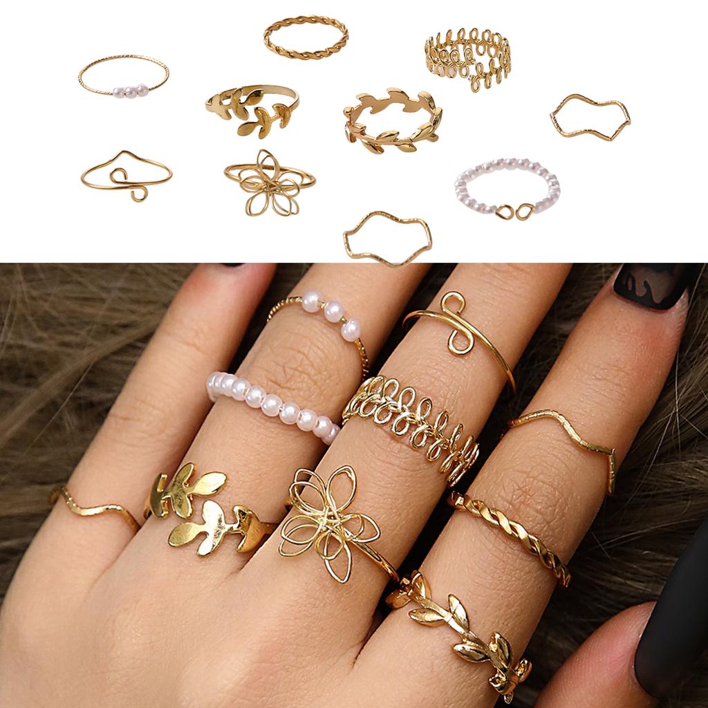 Pack Of 10 Elegant Hollow Flower Leaf Vine Charm Rings for Women Fashion Jewelry Finger Accessories for Daily Wear