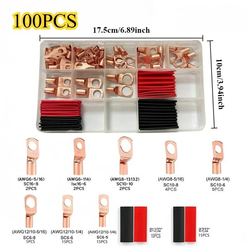 60/100/220pcs Copper Terminal Connectors, AWG 4 6 8 10 12 Ring Lug Kit With Shrink Tubing 50 Battery Cable Lugs With Shrink