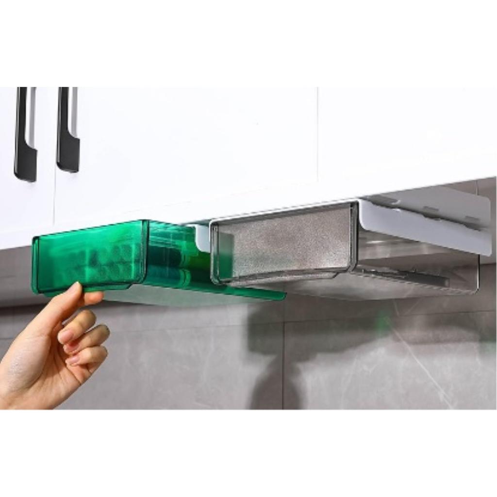Arm Drawer Set Desk Storage Storage Box with Adhesive Tape x King's Under-Desk (2 pieces) - Tray, Attachable, Slide-Out Double-Sided (Green 2)