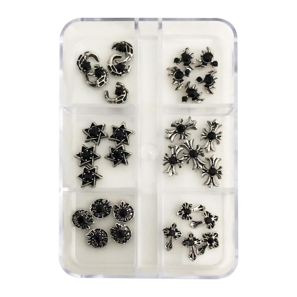 Dark Chrome Heart Nail Accessories: Rhinestone Cross, Star & Moon Alloy Gems