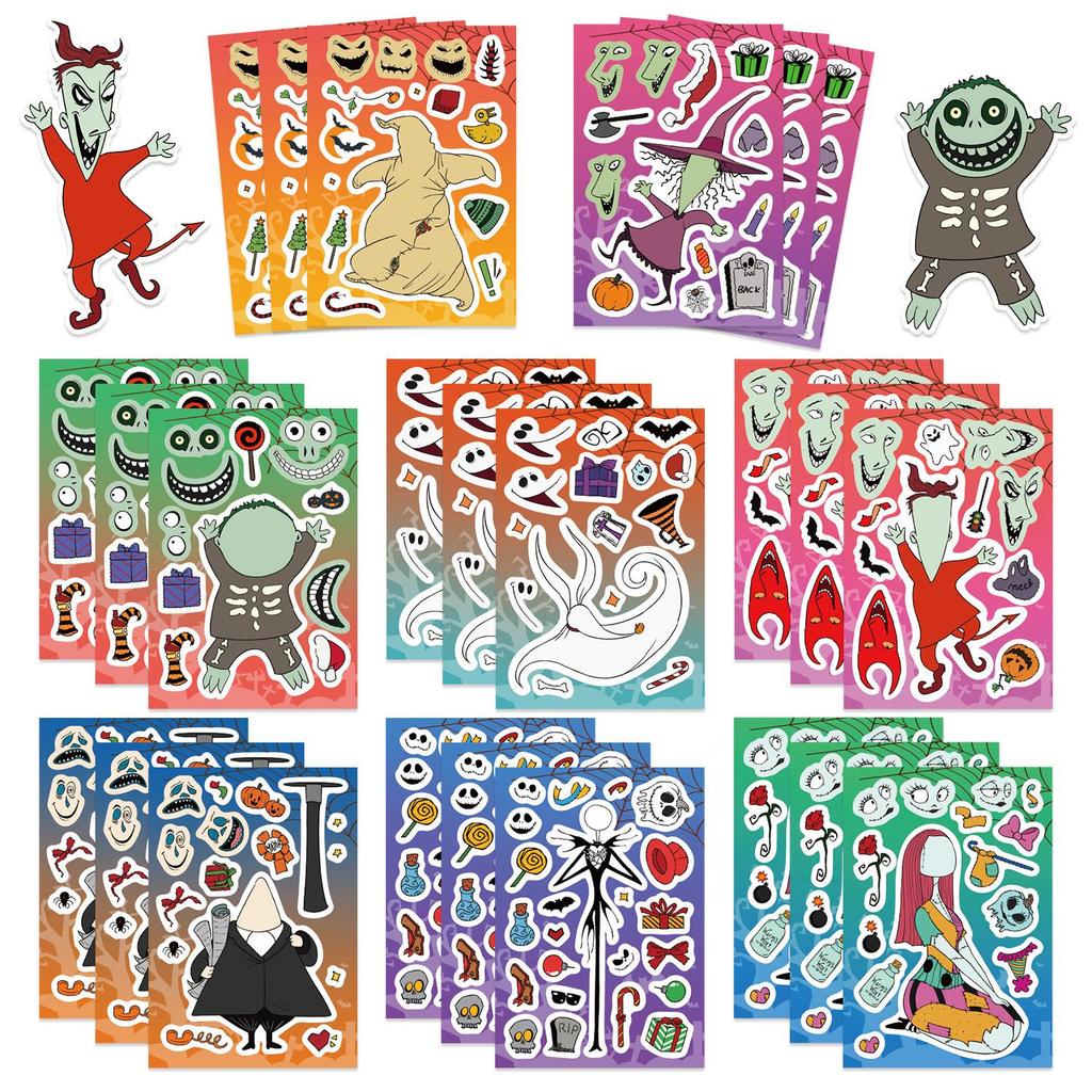 8-Sheet Cartoon Character Make-a-Face Puzzle Stickers - Waterproof Handmade Toy