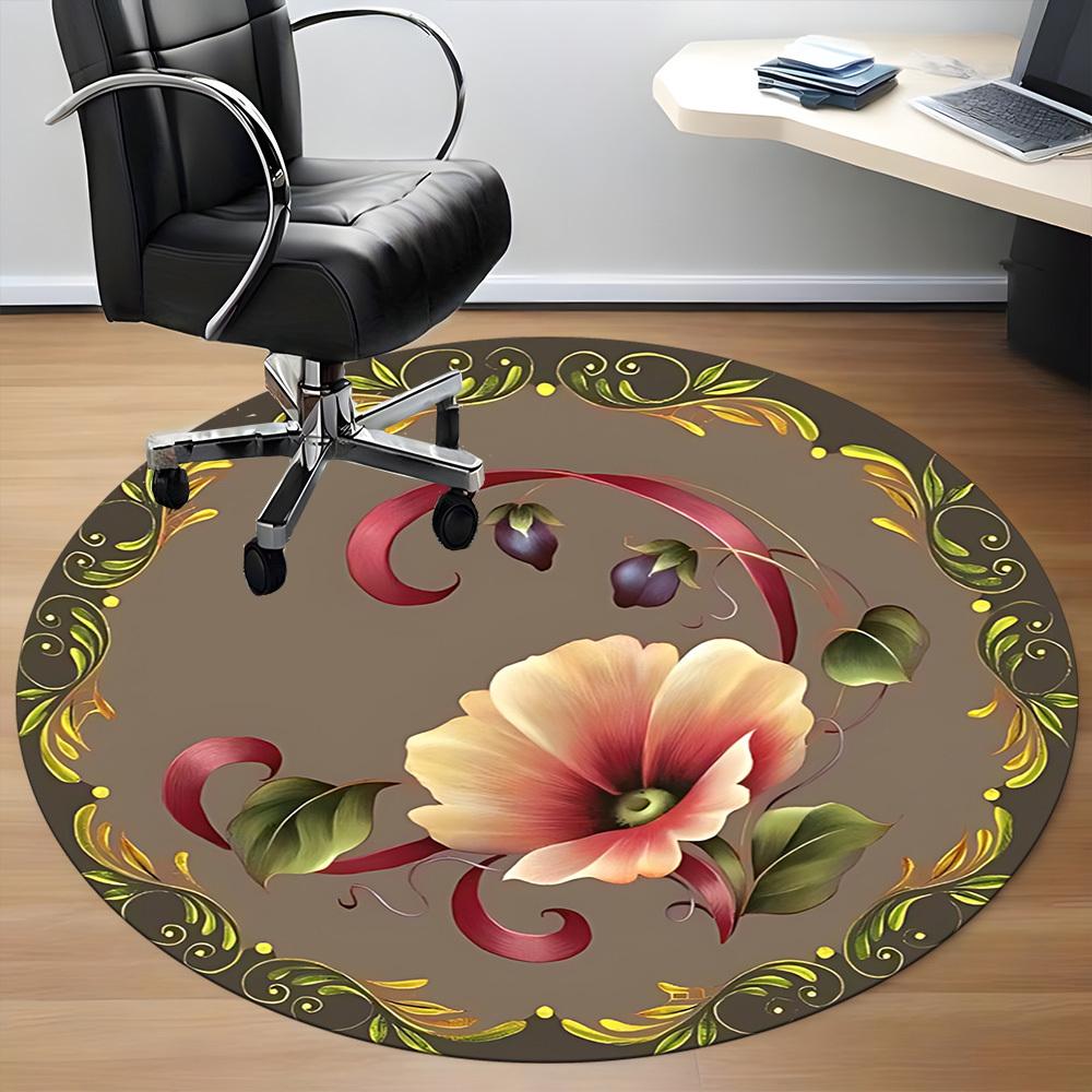 1pc Floral Ornament Office Round Rug, Carpet for Office, Gaming, Lightweight Round Floor Mat yy260205027