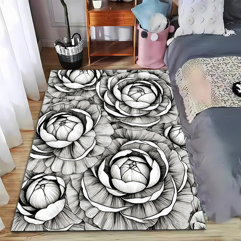 Black and White Floral Design Carpet, Elegant Rose Pattern for Home Decor Suitable for Use As an Anti-slip for Living Room Bedroom Sofas