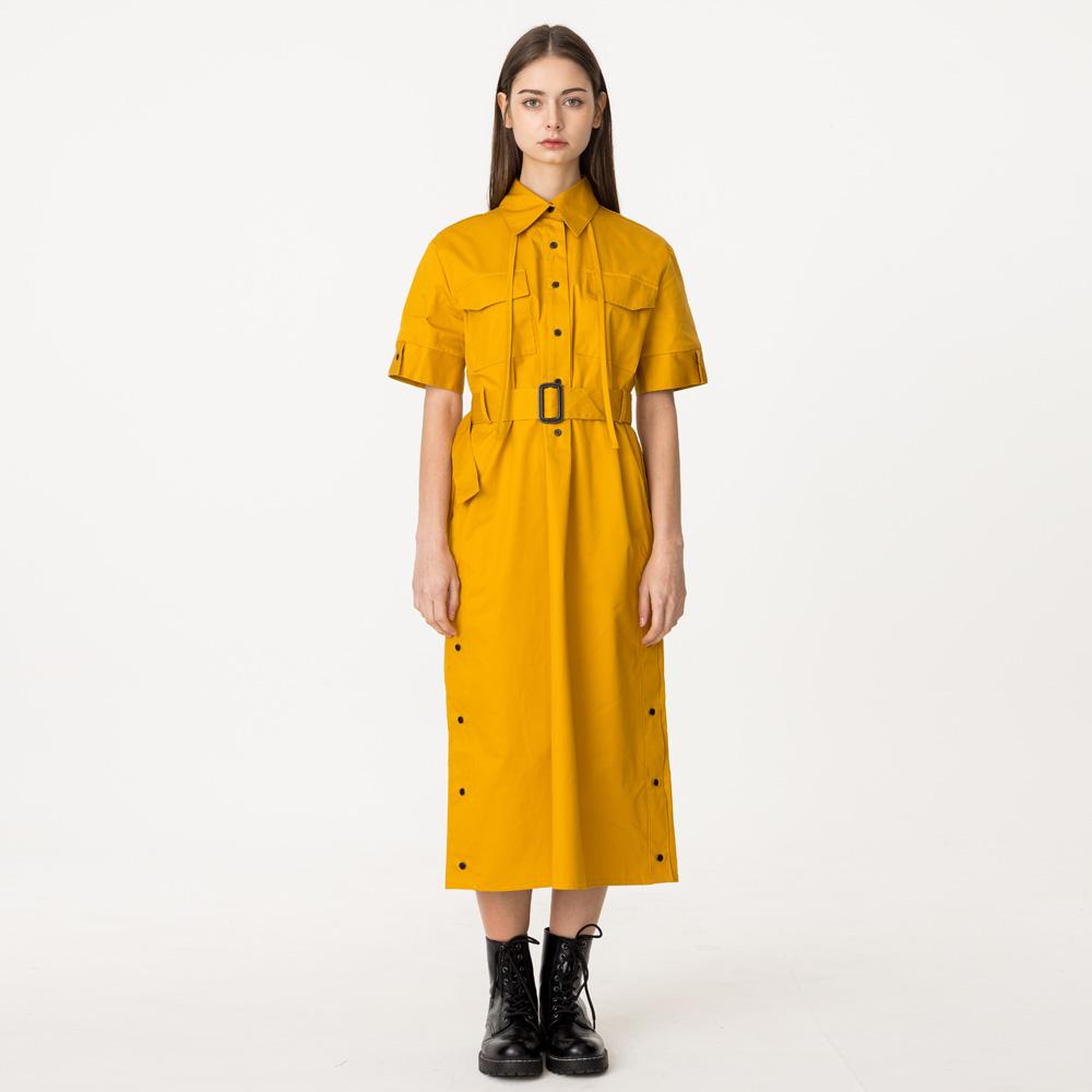 Bunderghost Shirt Collar Short Sleeve String Long Dress Mustard