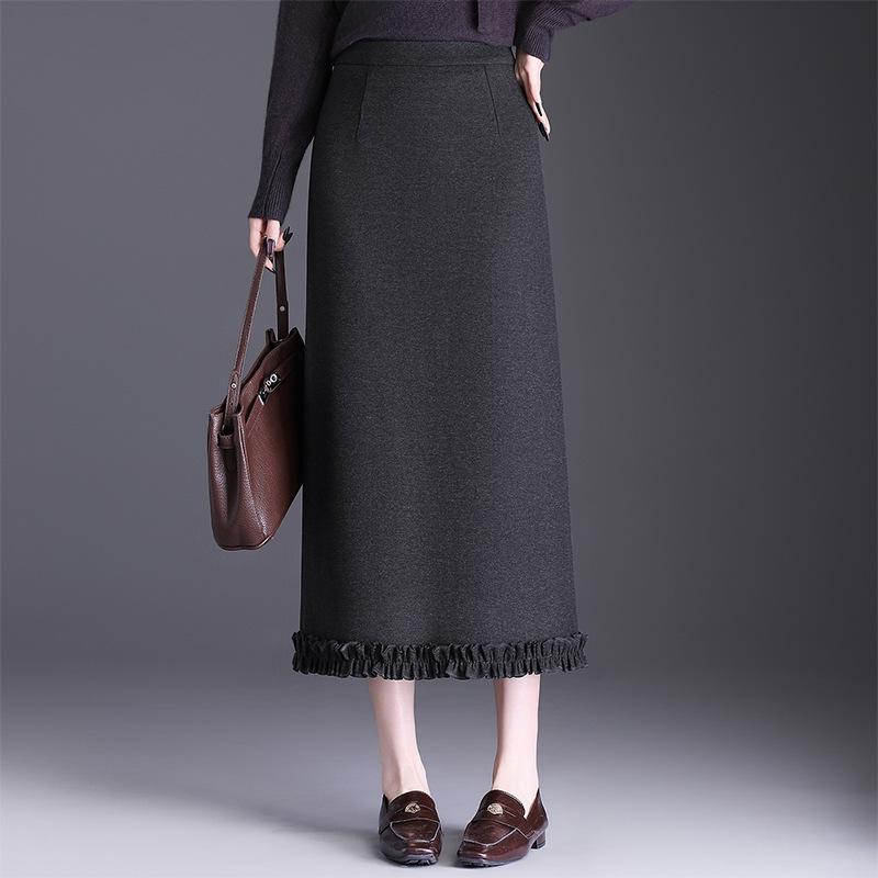 

Шерстяная юбка-карандаш с высокой талией, отделкой «Древесное ухо» и разрезом - Зимняя коллекция 2025 3XL серый