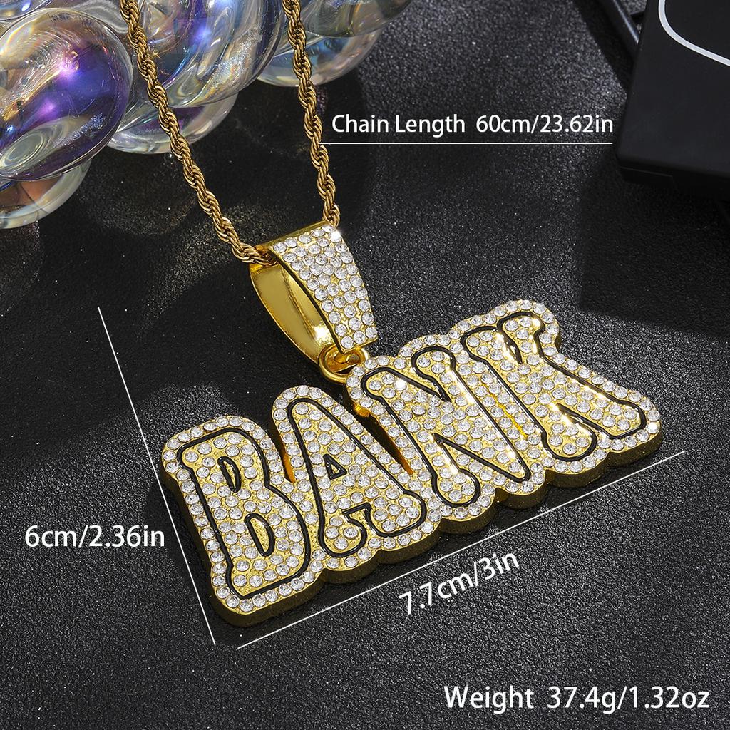 Full Diamond Letter BANK Pendant Cuban Chain, Hip Hop Men's Trend Street Necklace Accessories