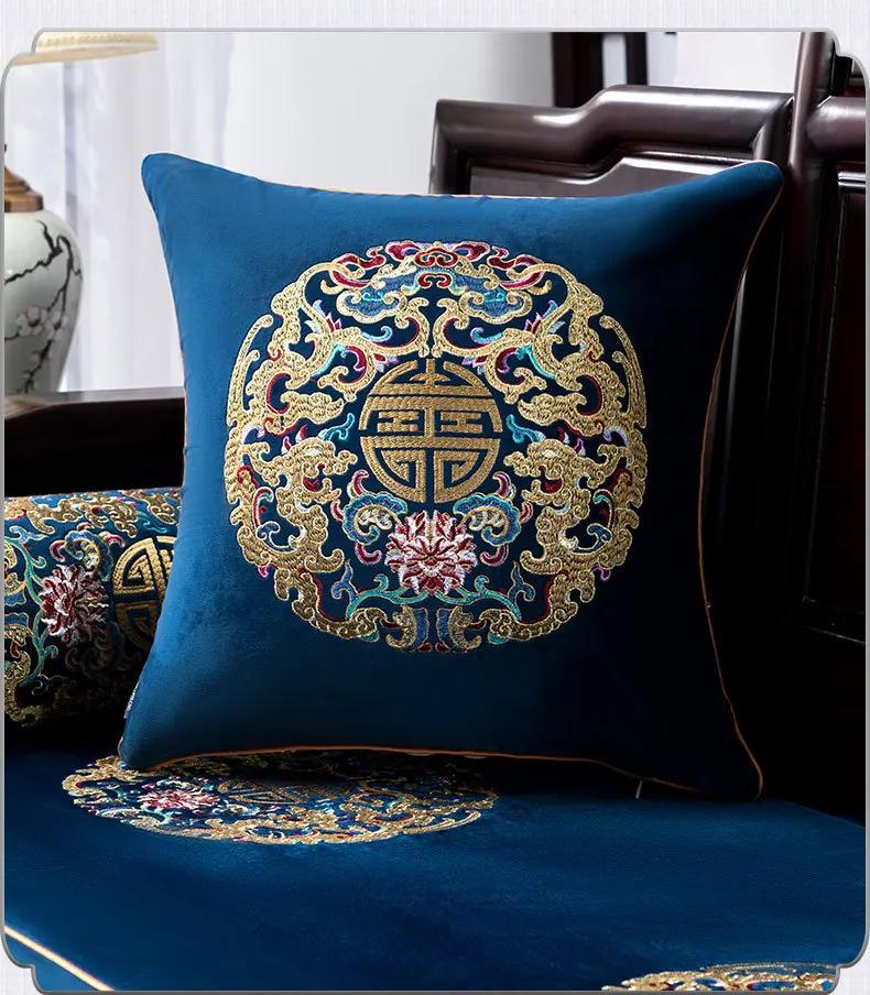 

Новая китайская наволочка для подушки, современный простой бархатный диван, гостиная, вышитая наволочка, украшение для дома, прямоугольная подушка для талии 45x45cm темно-синий