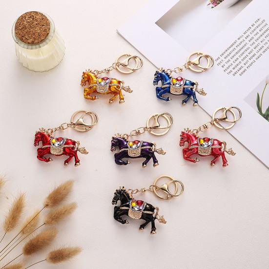 Keychain Pendant Chinese Style Rhinestones-Encrusted Oil Painting 3D Zodiac Horse Design Key Chain Metal