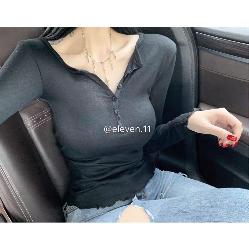 Autumn Womens Cute V Neck Ribbed Knit Tee Comfortable Daily Top