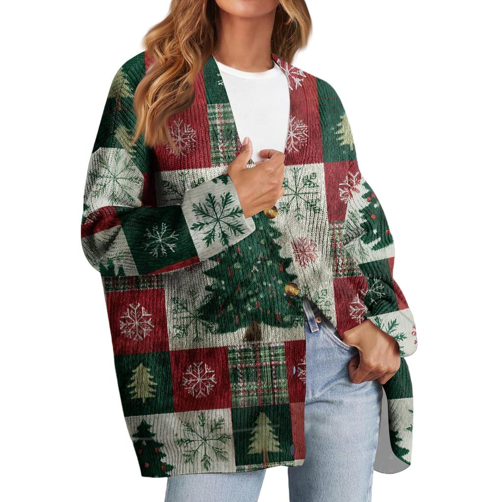 Women's Fashion Long Sleeve Christmas Print V-Neck Button Loose Cardigan Top