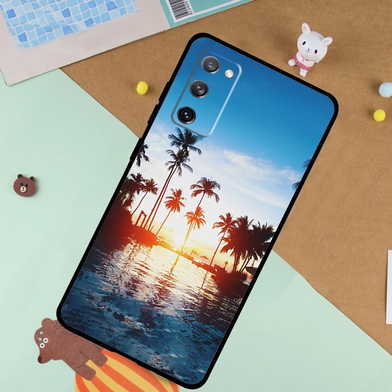 Custodia Estate Spiaggia Tramonto Palma per Samsung Galaxy S23 S22 Ultra S21 S20 FE S8 S9 S10 Note 10 Plus Note 20 Ultra Cover