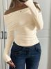 Off Shoulder Knit T-shirt Women Autumn Winter Casual Slim Fit Sweater Solid Color Slim Fit Simple Long Sleeve Tops Fashion Elegant Basic Tee Blouse