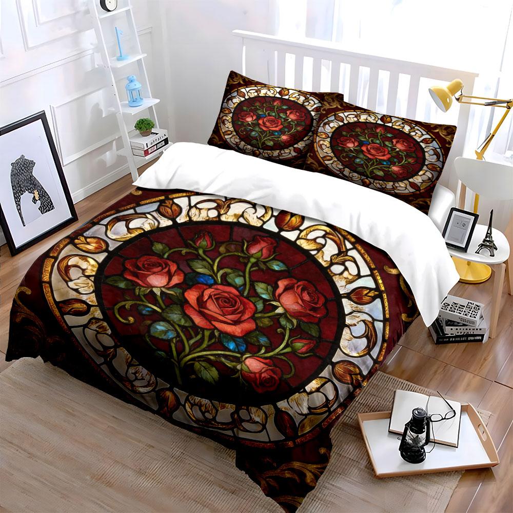 Vintage Rose Pattern Art Set Soft Comfortable Duvet Cover Bedding Set Included 1*Duvet Cover & 2*Pillowcases, Gift