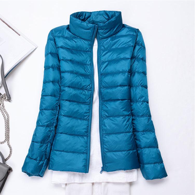 Women's Lightweight Slim Fit Down Jacket - Solid Color, Stand-Up Collar, Plus Size, Short Length