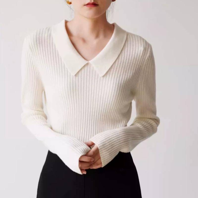 

Женский свитер из чистой шерсти в рубчик - Отложной воротник, Свободный крой, Теплый пуловер, Трикотаж Double Extra Large белый