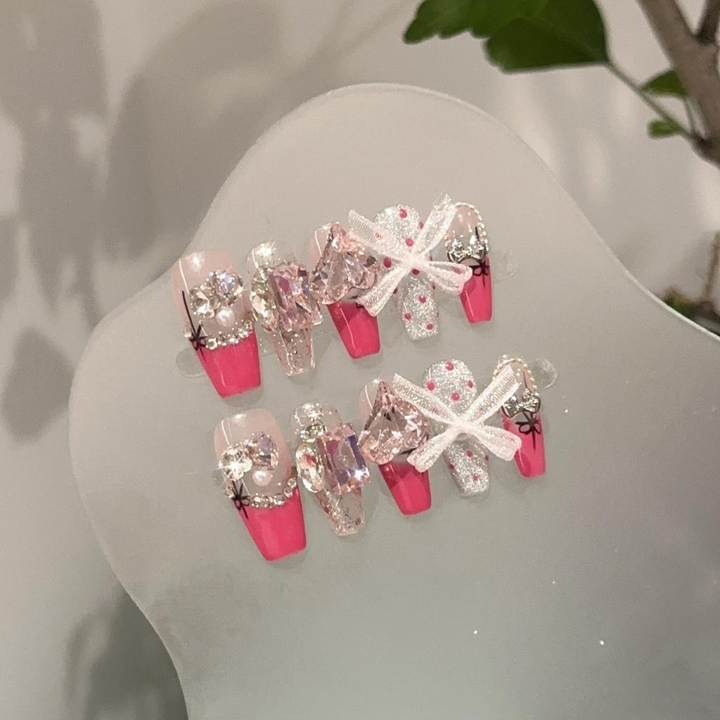 Quick Nails Pink Handmade Wearing Nail Rose Pink French Nail Art Lace Bow Love Big Diamond Wearing Bridal Nail Stickers