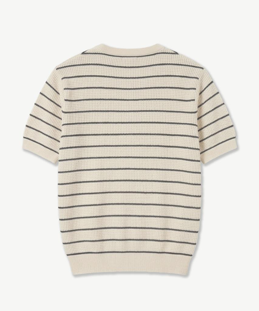 POLYGRAM Textured Striped Henley Neck Short Sleeve Knit - Cream