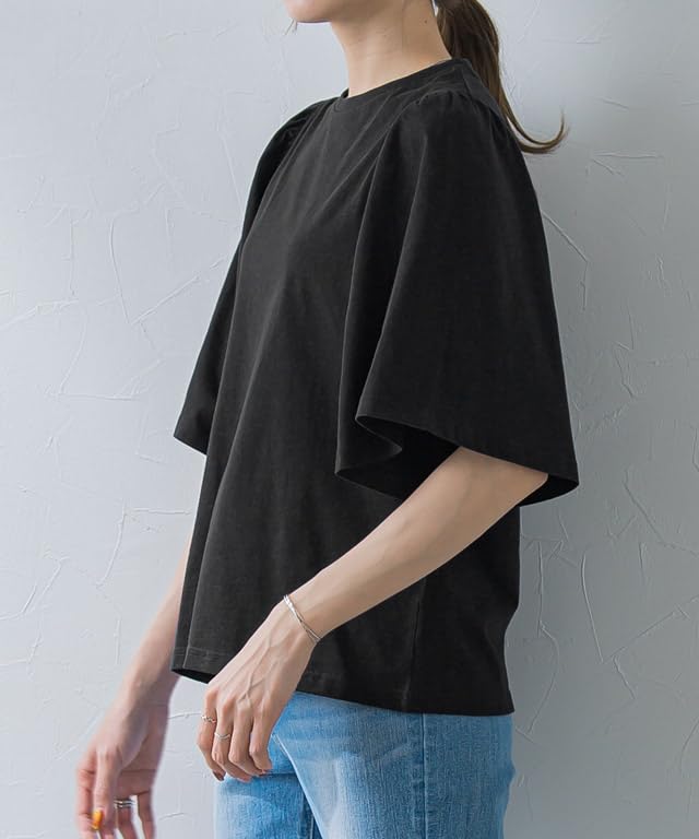 Pierrot Women's Medium Mocha Gray T-Shirt, Gathered Sleeve, Flared Sleeves, 100% Cotton, Washable, Solid Color, Short Sleeve