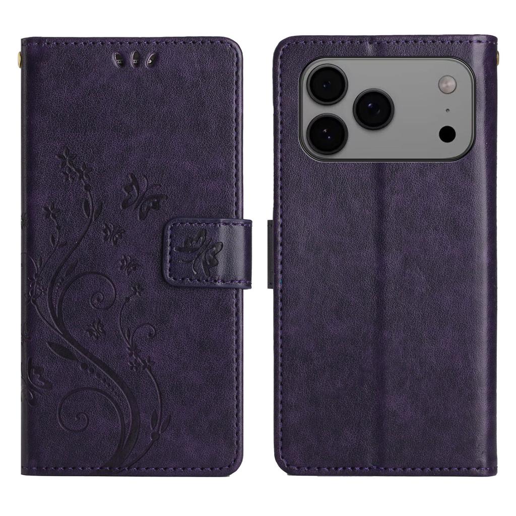 For iPhone 17 Pro Max Leather Wallet Case Butterfly Flower Imprinted Phone Cover with Strap