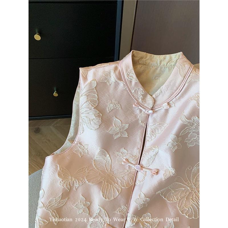2025 Vest Jacquard Stand-up Collar Disc-buckled Vest Women's Sweet Temperament Vest Women's Vest