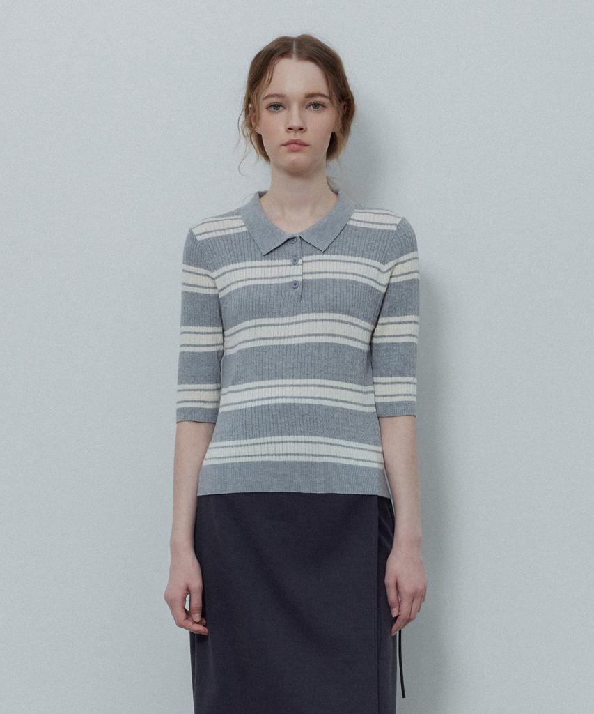 LE STUDIO Striped Collar Button Knit_Gray