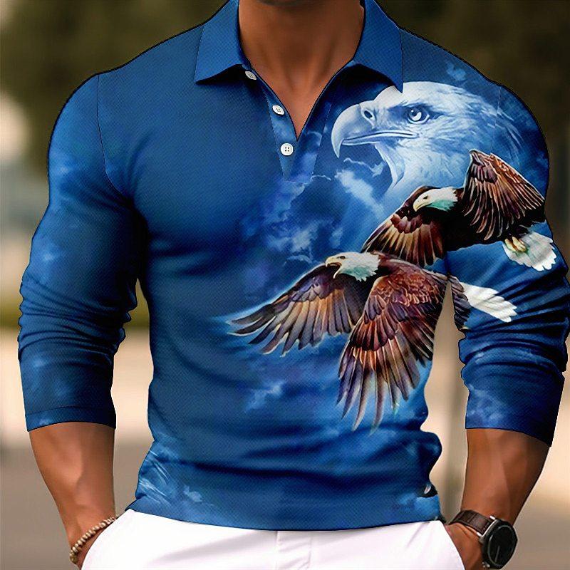 Long Sleeve Polo Shirt with Eagle Print, Stylish Casual Top for Men