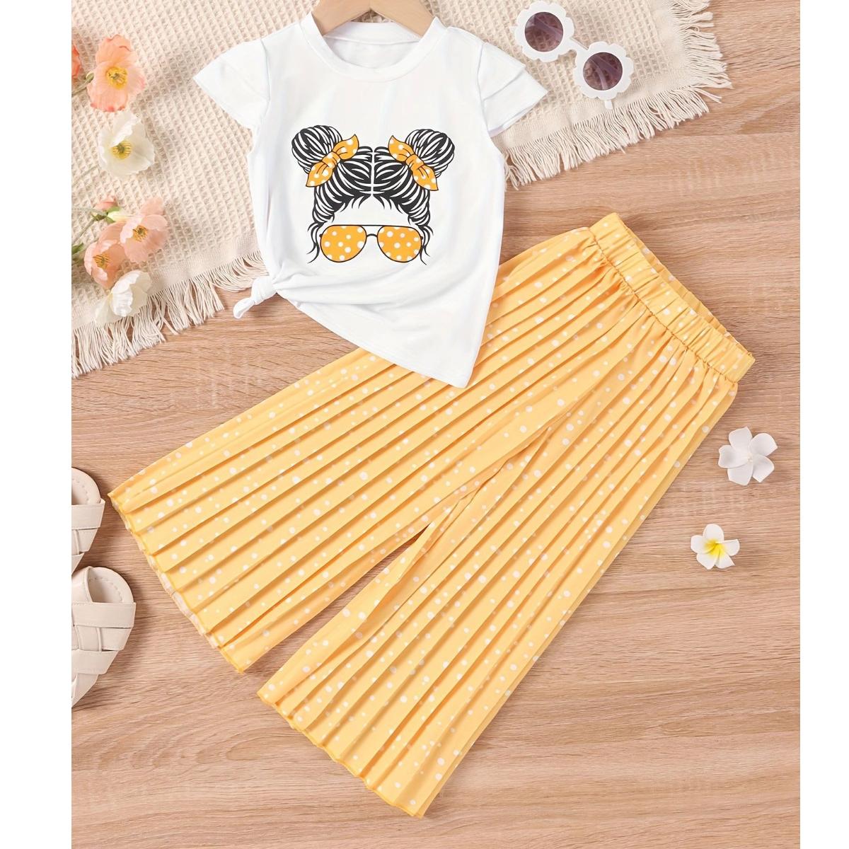 

Летняя одежда для девочек, новая белая футболка с короткими рукавами с рисунком + широкие плиссированные брюки, повседневный комплект из 2 предметов, детский модный костюм 7y жёлтый