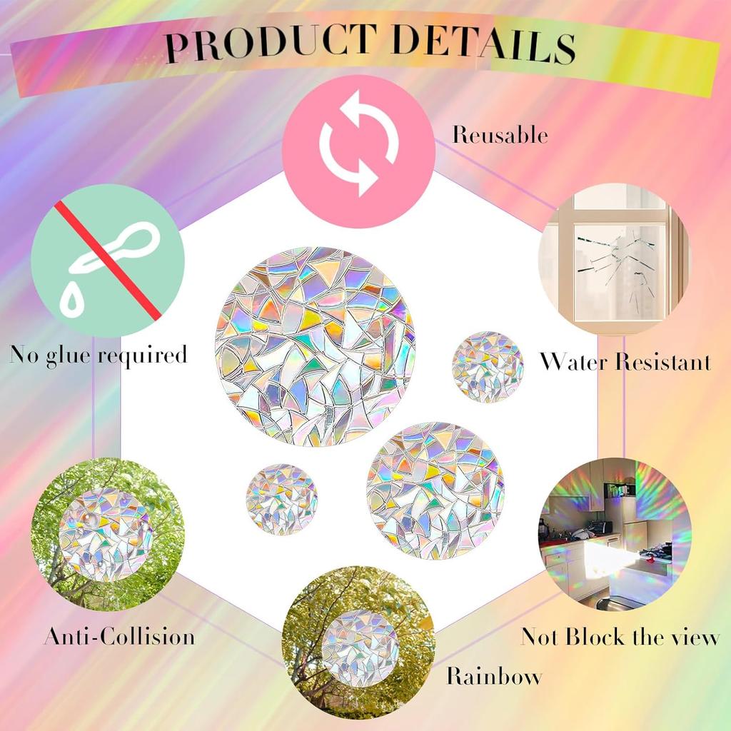 Ouligay 33pcs Prism Window Decals to Prevent Bird Strikes Prevention Window Stickers for Birds Anti-Collision Circle Windows Clings for Bird Rainbow