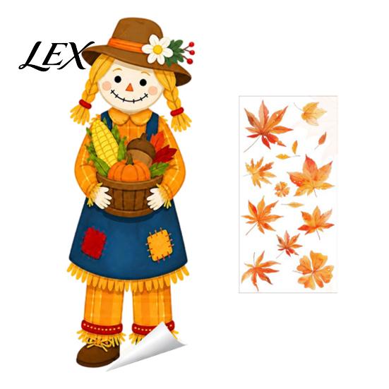Holiday Window Art for Store Fall Clings, Autumn Scarecrow Maple Leaf Stickers, Reusable Double-Sided Pumpkin Decor Static PVC Glass Decals