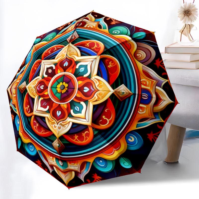 1pc Mandala Artwork Auto-Fold Umbrella with One-Touch Open/Close - 8 Reinforced Ribs for Windproof Stability,  Yy251118132