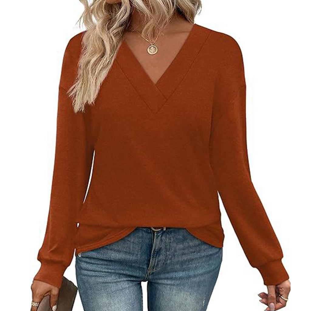 Women's Solid Color Casual Loose Long-sleeved T-shirt Top