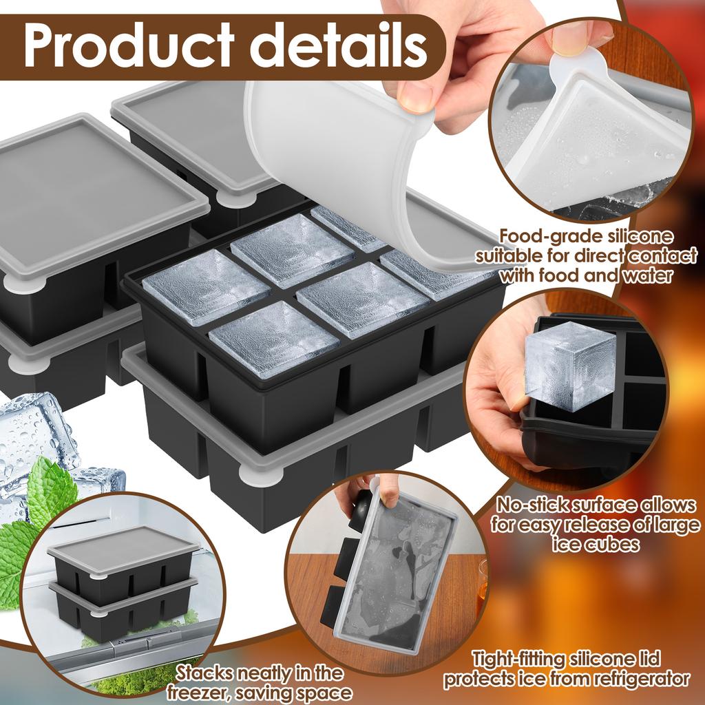 6 Pcs Silicone Ice Cube Tray 4/6 Grid Ice Cube Trays with Removable Lids Stackable Ice Cube Making Mold for Kitchen Accessories