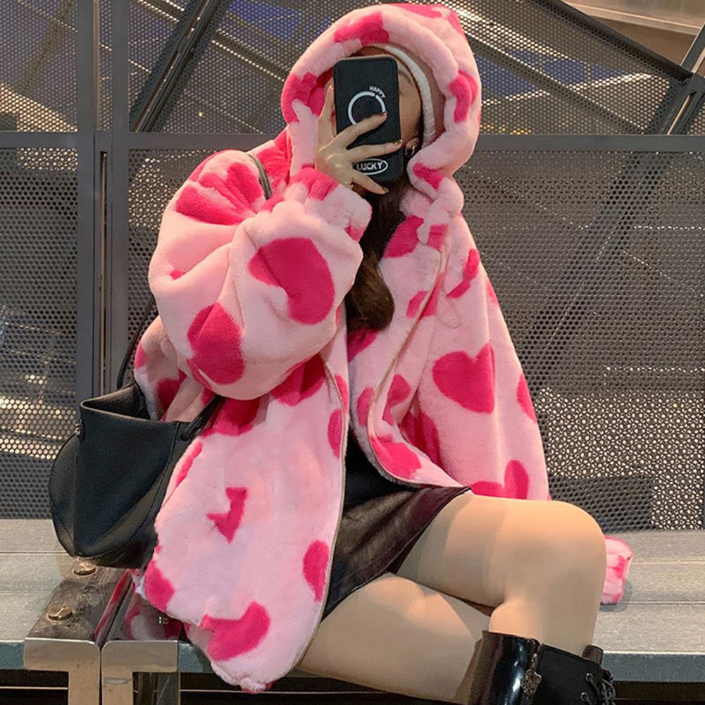 Women Autumn Winter Fleece Hooded Jacket with Drawstring Long Sleeve Pockets Zipper Placket Plush Sweatshirt Coat Heart Bear Pri