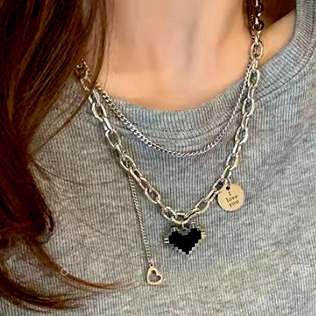 Valentine's Day Black Mosaic Heart & Peach Heart Double-Layer Hip Hop Necklace