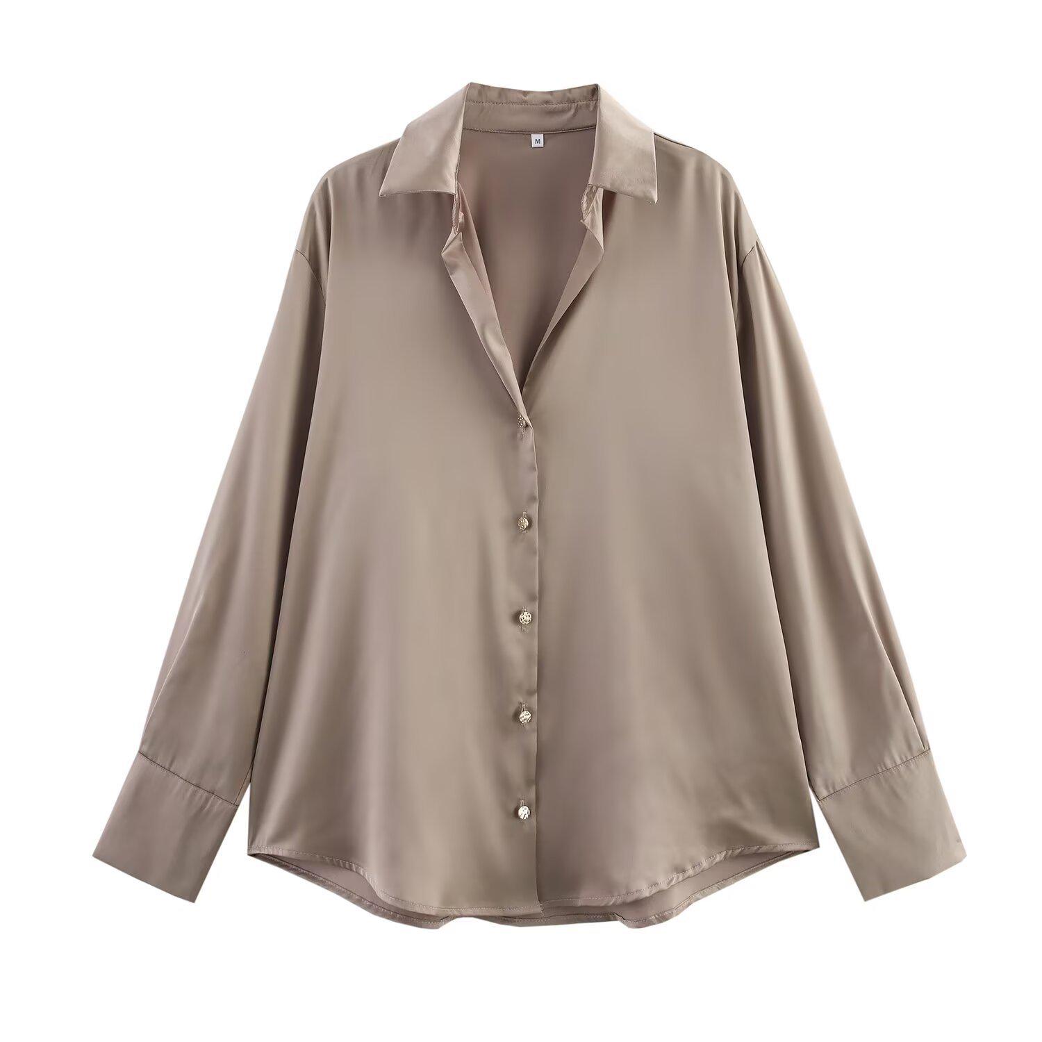 2025 Spring/Summer European  American Plus Size V-neck Satin Women s Top Small хаки
