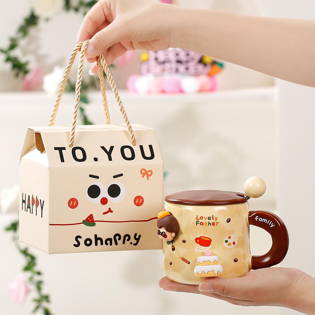 A Family of Four Cups Magnetic DIY Ceramic Mug Women's Breakfast Cup with Lid Large Capacity Gift Box